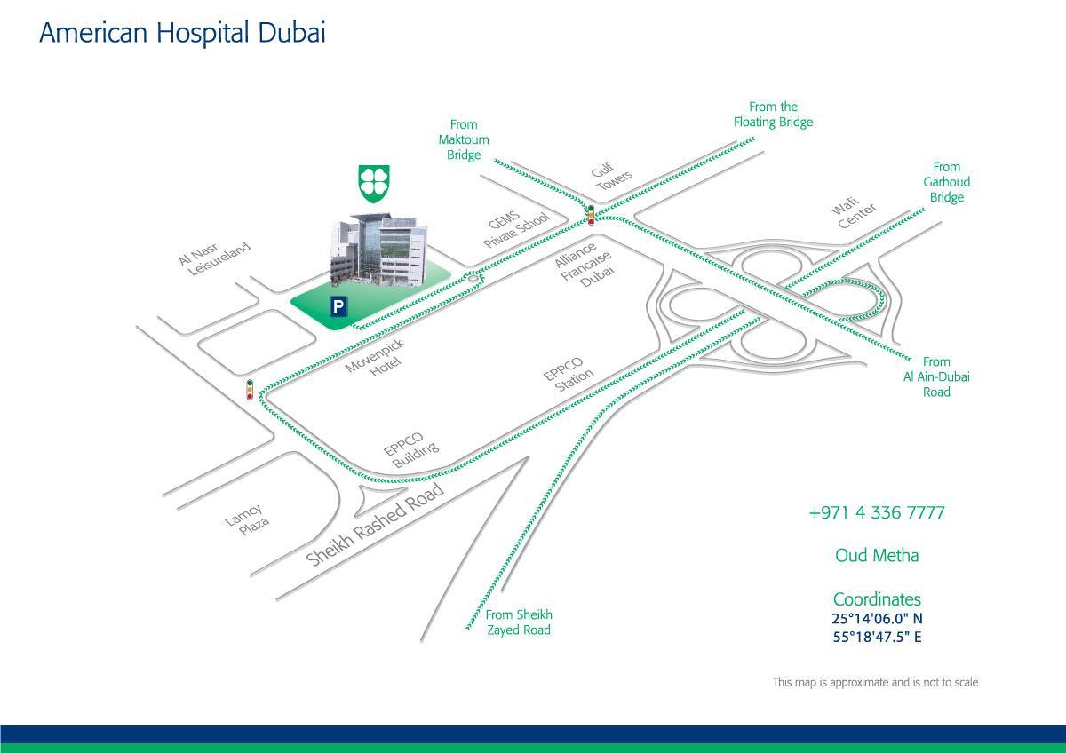 mapa Americké nemocnici v Dubaji