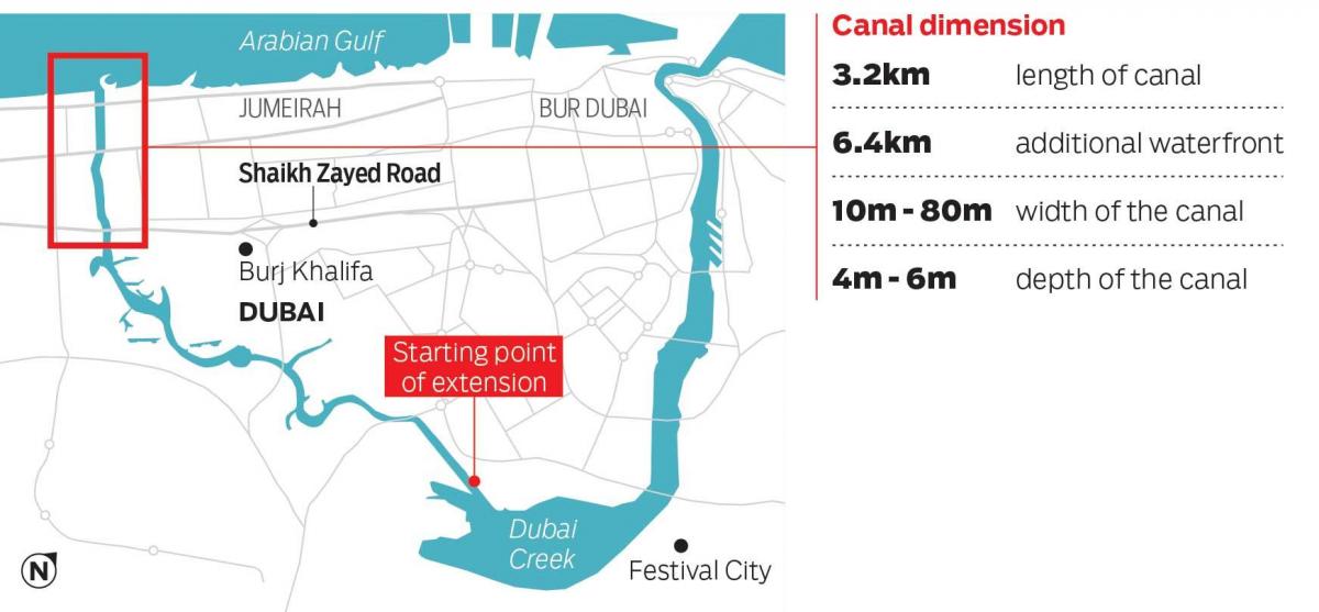 mapa Dubai kanál